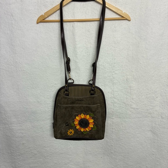 Sunflower Bee Mini Backpack Chala Brown Boho Vegan Leather Convertible Bag - Picture 6 of 12